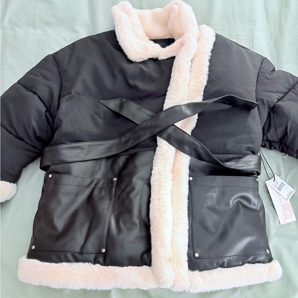Black and Cream Faux Fur Trim Jacket